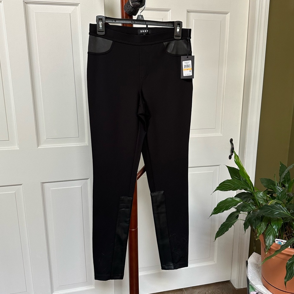 DKNY black skinny pants with faux leather patches